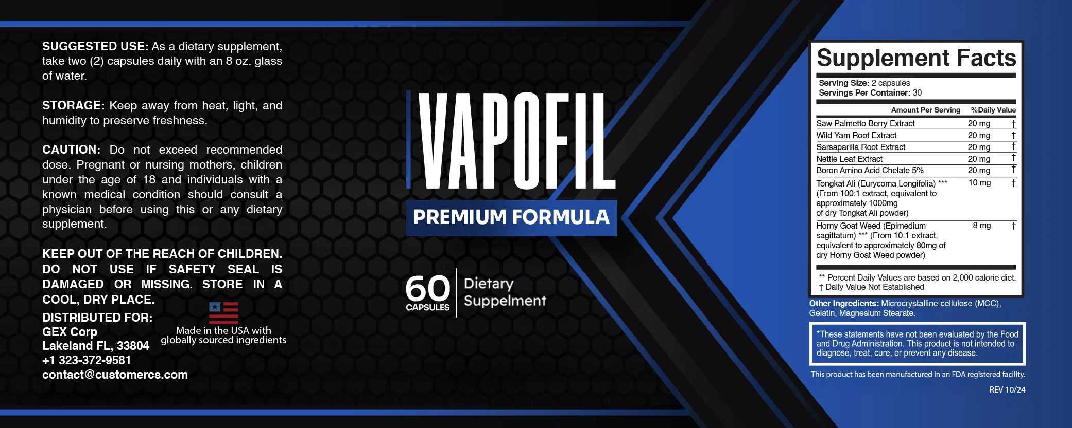 VapoFil supplement facts label showing all 7 active ingredients with milligram doses including Tongkat Ali 100:1, Horny Goat Weed 10:1, Saw Palmetto, Wild Yam, Sarsaparilla, Nettle Leaf and Boron